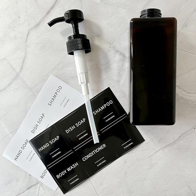 Soap Dispenser with Waterproof Labels, Thickened Plastic Hand Soap Dispenser for Bathroom, Kitchen Dish Washing Liquid Bottles, Shampoo and Conditioner Bottles with Funnel (16oz 4Pack Black Clear)