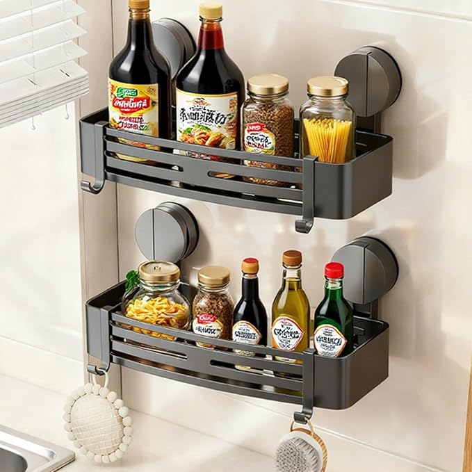 ONXE 2 Pcs Suction Cup Spice Rack,No-drill Extra-strong Suction Spice Shelf for Kitchen Wall,Pantry,Refrigerator,Home,Laundry,Room,Moveable Spice Seasoning Organization and Storage (Gunmetal Gray)