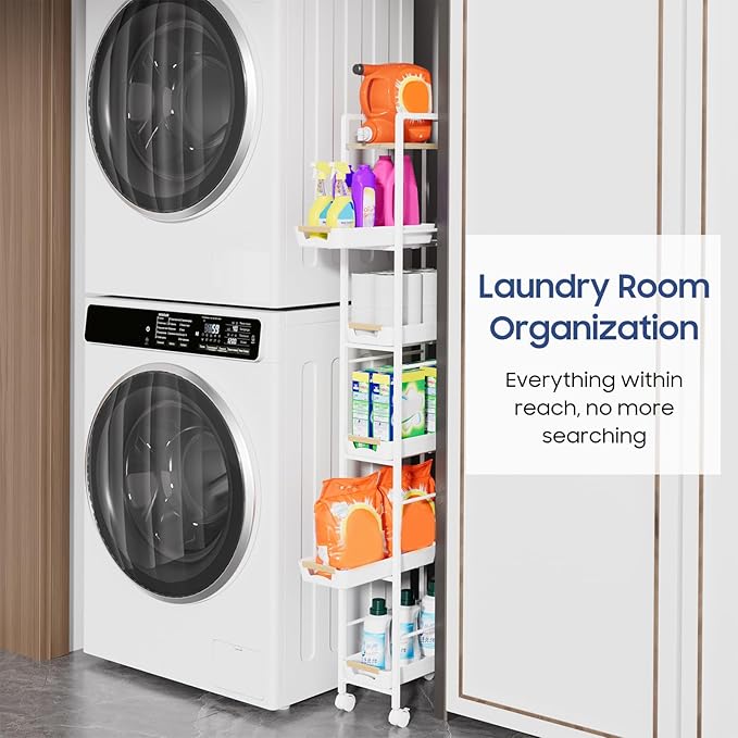6 Tier Slim Storage Cart with Pull-Out Baskets Rolling Cart with Wheels Wood Top Narrow Utility Cart Metal Shelving Units for Pantry Laundry Room Bathroom Kitchen White 8in(W)