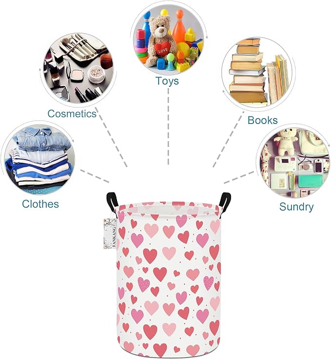 FANKANG Storage Basket, Nursery Hamper Canvas Laundry Basket Foldable with Waterproof PE Coating Large Storage Baskets for Kids Boys and Girls, Office, Bedroom, Clothes,Toys(Colorful hearts)