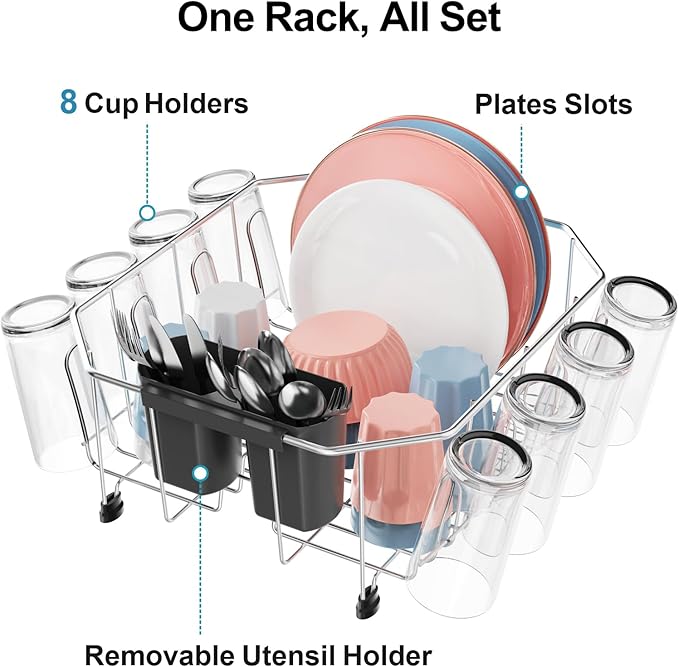 iSPECLE Small Dish Drying Rack for Kitchen Sink - Stainless Steel Compact in Sink Dish Drainer with Removable Utensil Holder for RV Apartment Essentials, 11.6" W x 13.4" L, Rust Resistant, Silver