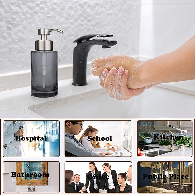 Glass Soap Dispenser 2Pack,12oz Thick Glass Grey Hand Liquid Soap Dispenser Bathroom