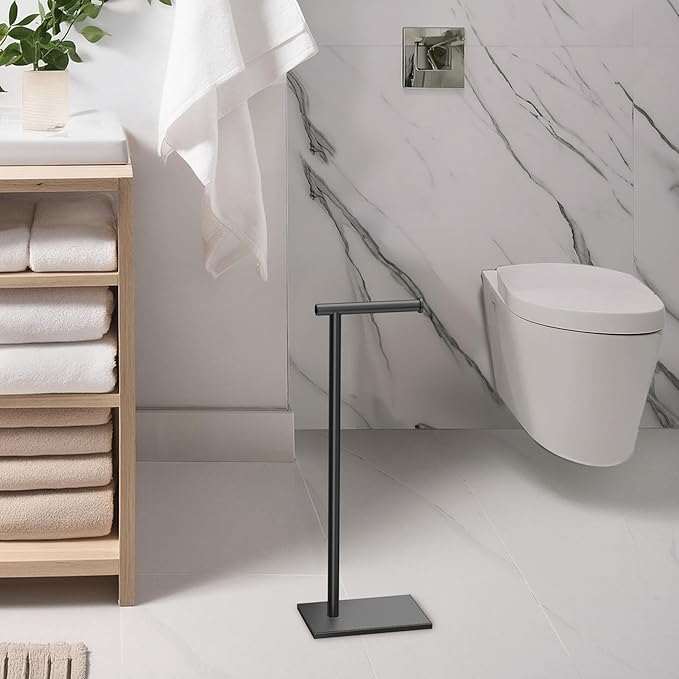 Gatco 1431MX Modern Square Base Toilet Paper Holder Stand, Matte Black, 22.25" H