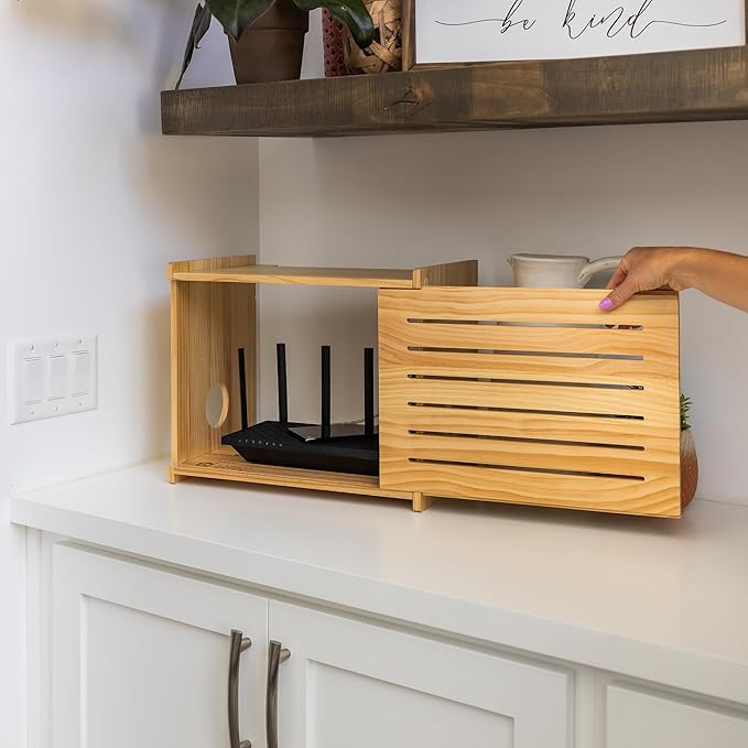 Wooden WiFi Router Storage Box - Deluxe Wall Mountable Decorative Modem Shelf Hider Cover with Cable Management System - Rustic Home Organization Solution for Routers Up to 11" Tall - Pine