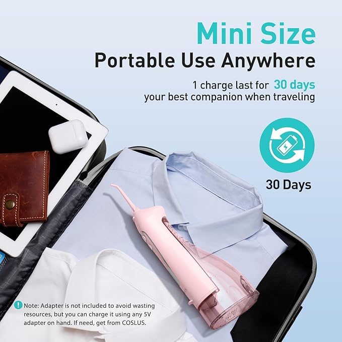 COSLUS Water Dental Flosser Teeth Pick C20(F5020E): Portable Cordless Oral Irrigator 300ML Rechargeable Travel Irrigation Cleaner IPX7 Waterproof Electric Flossing Machine for Teeth Cleaning, Pink