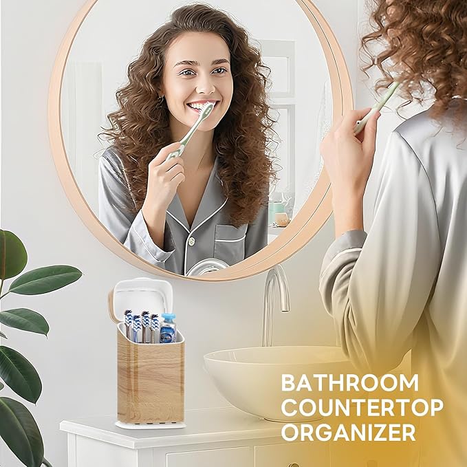 GFWARE Toothbrush Holders with Cover - 5 Slots Toothbrush and Toothpaste Holde Kids Tooth Brush Holder for Bathroom, Detachable Bathroom Sink Organizer countertop, Wood