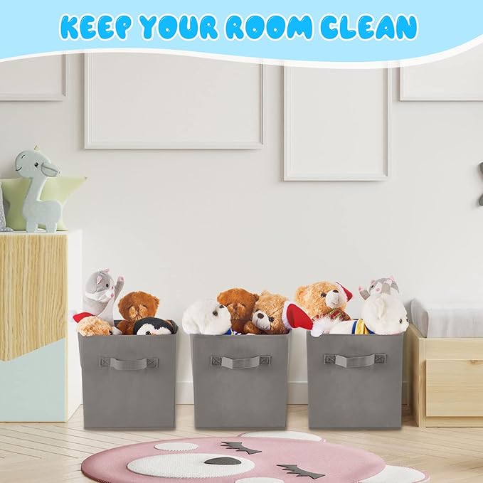 Yinder 12 Pcs Cube Storage Bin Grey 11'' Storage Bins for Playroom Decor Colorful Bins for Kids Foldable Baskets for Nursery Organizer Boxes Fabric Boxes