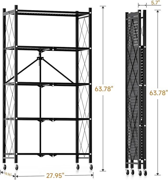 Simple Deluxe 5-Tier Folding Storage Shelves, 27.95" W x 14.96" D x 63.78" H Foldable Shelving Unit, 1250 Lbs Loading Capacity, Black