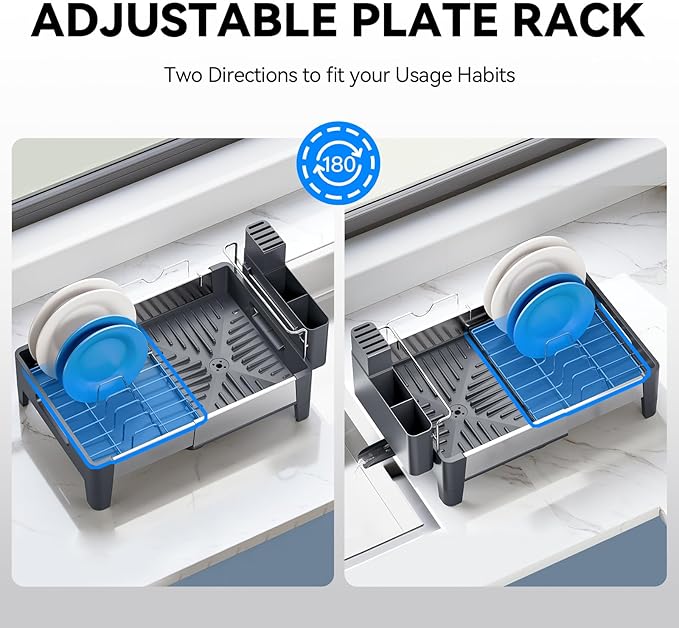 Expandable Dish Drying Rack, Stainless Steel Dish Rack with Aluminum Frame, Dish Drainer for Kitchen Counter, Space Saving Kitchen Drying Rack with Movable Utensil Holder,Gray