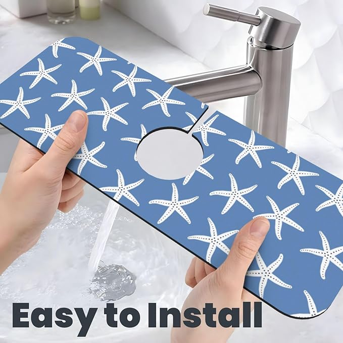 Blue Starfish Abstract Coastal Beach Nautical Ocean Kitchen Sink Splash Guard Faucet Mat Super Absorbent Fast Drying Mat Sink Gadgets-Fast Drying Pad Sink Mat For Kitchen Bathroom (15" X 5.5" )