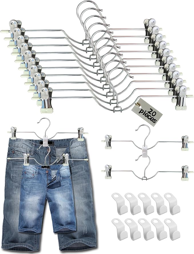 HGYZE Metal Skirt Hangers for Women, Short Neck Pants Hangers with 2-Adjustable Clips, 360° Swivel, Non Slip White Grip for Slacks Trousers Shorts Jeans, Stackable Hooks for Space Saving 20 Pack