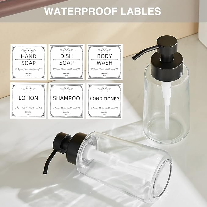 Doiliese Soap Dispenser, Clear Glass Soap Dispenser with Rust Proof Pump, 16oz Liquid Soap Pump with Waterproof Labels, Dish & Hand Soap for Bathroom, Kitchen, Matte Black, Pack of 2