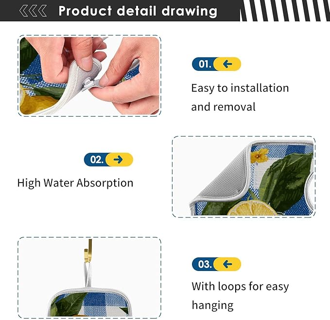 Sink Faucet Absorbing Mat Kitchen Sink Splash Guard Splash Faucet Drip Catcher for Bar RV Bathroom 2PCS 30x5.5in Blue and White Gingham Summer Lemons