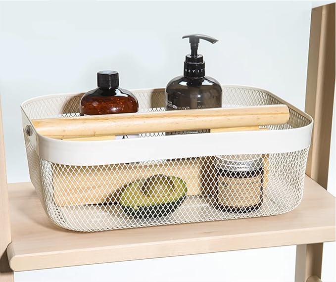 Metal Mesh Steel Storage Basket, Garden Harvest Wire Organizer Basket Multi-functional Kitchen Fruit Basket with Wooden Removable Partition & Handle for Bath Picnic Decor Cabinet, Cream White