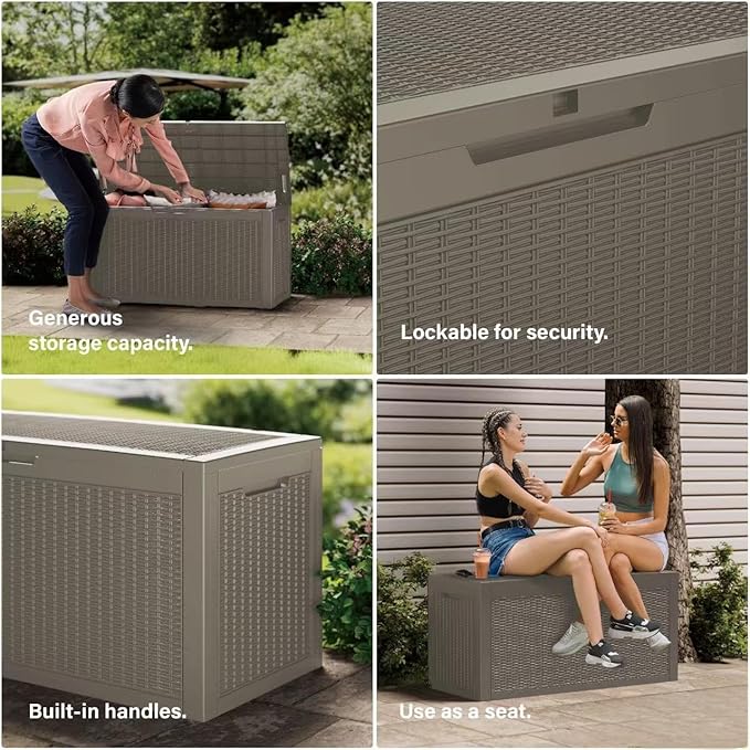 Outdoor Storage Box Waterproof, 270 Gallon Lockable Resin Deck Box Large, Patio Storage Bin for Pool Accessories Cushion Furniture, Garden Tools, UV-Resistant Outside Delivery Grey