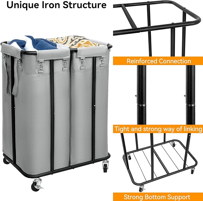 WOWLIVE Double Laundry Hamper with Wheels 170L Rolling Laundry Basket Organizer Laundry Cart with Steel Frame and Removable Bags Large Dirty Clothes Hamper Dorm Room Storage for Bedroom (Grey)