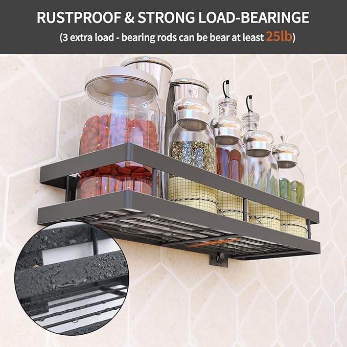 Spice Rack Organizer Wall Mount, 14" Hanging Black Spice Organizer Shelf, 2 Pack Farmhouse Seasoning Organizer, Spice Shelves Holder for Kitchen, Flexible Bathroom Organizer