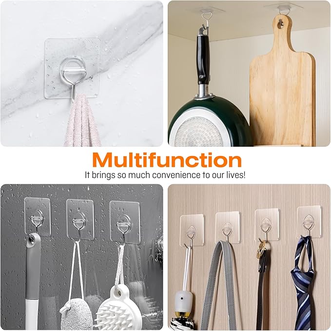 48 Pack Heavy Duty Adhesive Wall Hooks for Hanging - 33lb Max, Transparent Waterproof Rustproof Self Adhesive Hooks for Bathroom, Shower, Kitchen, Outdoor and Home