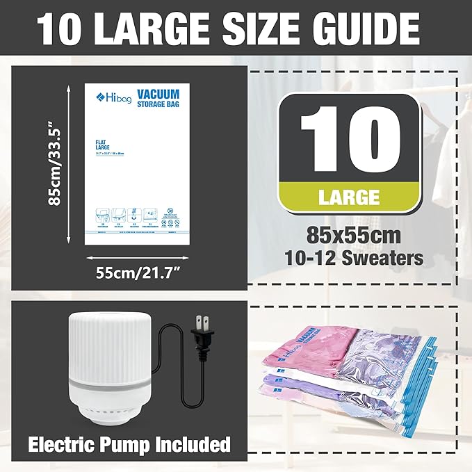 HIBAG Vacuum Storage Bags with Electric Pump, Vacuum Seal Space Saver Bags for Clothes, Clothing, Pillows, Blanket Bedding Comforters, Large 10 pack
