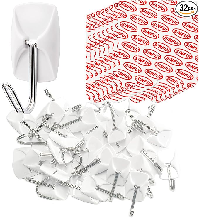 Wire Hooks for Wall Small 32 Hooks, Heavy Duty Wall Hooks with 36 Strips, Damage Free Adhesive Hooks for Key Holder, Coat, Door, Shower Hanging