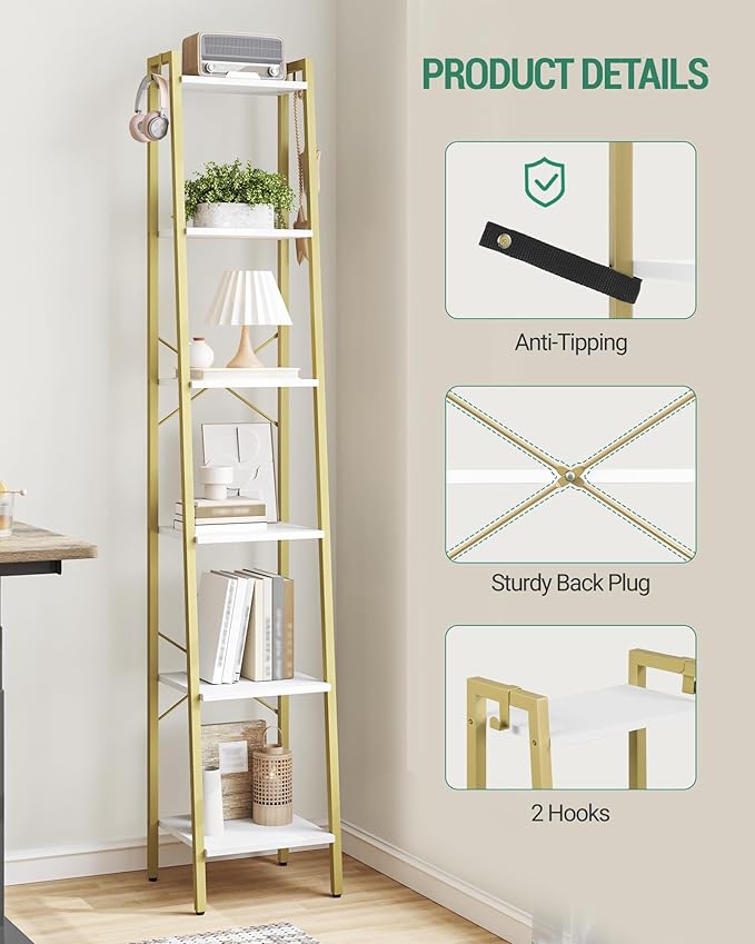 Ladder Shelf, Bookshelf Bookcase, Freestanding Corner Storage Shelve with 2 Hooks for Home Office, Living Room, Kitchen, Bedroom, Industrial, 11.8" D x 13.4" W x 72.8" H,White Gold BC13313G