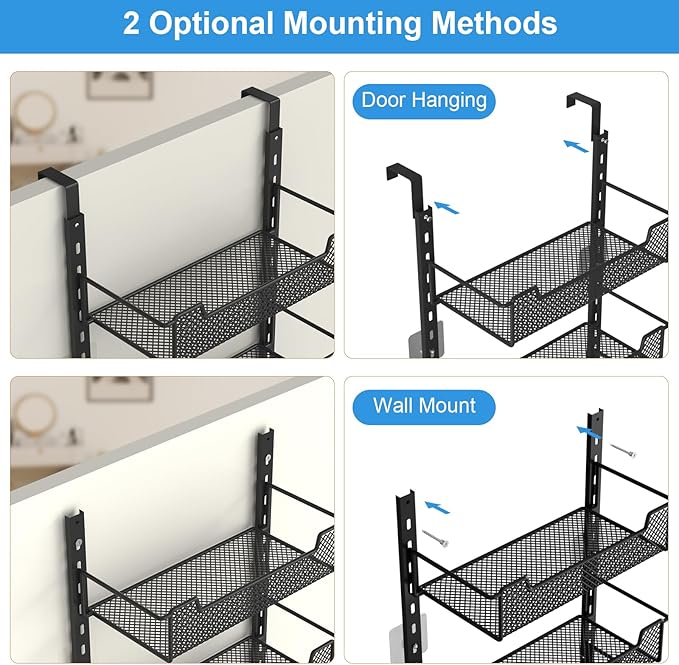 12.3" W Narrow Over the Door Pantry Organizer, 8-Tier Over the Door Organizer with Adjustable Basket, Pantry Door Organization for Pantry Kitchen Storage Room Spice Rack, Black