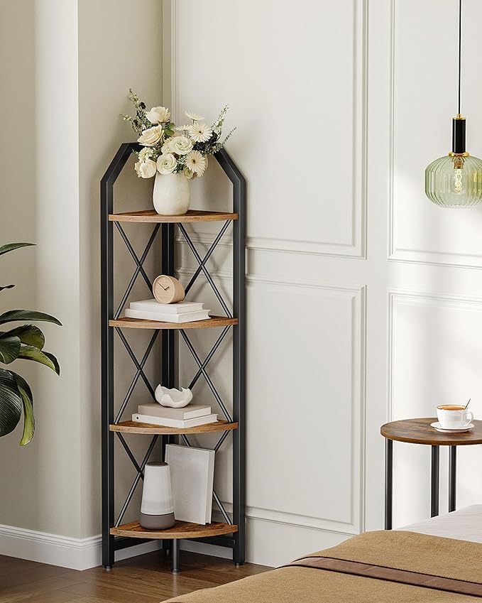 4-Tier Rustic Brown and Black Corner Shelf, 4-Shelf Industrial Corner Bookshelf, Space-Saving Corner Storage Stand, Plant Stand Display Shelf, Bedroom, Living Room, Home Office