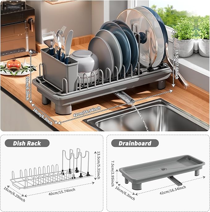 SanDream Small Dish Drying Rack with Removable Utensil Holder & Anti-Scratch Base - Stainless Steel Dish Rack, Dish Drying Rack with Drainage & Space Saving Design for Kitchen Counter, Gray