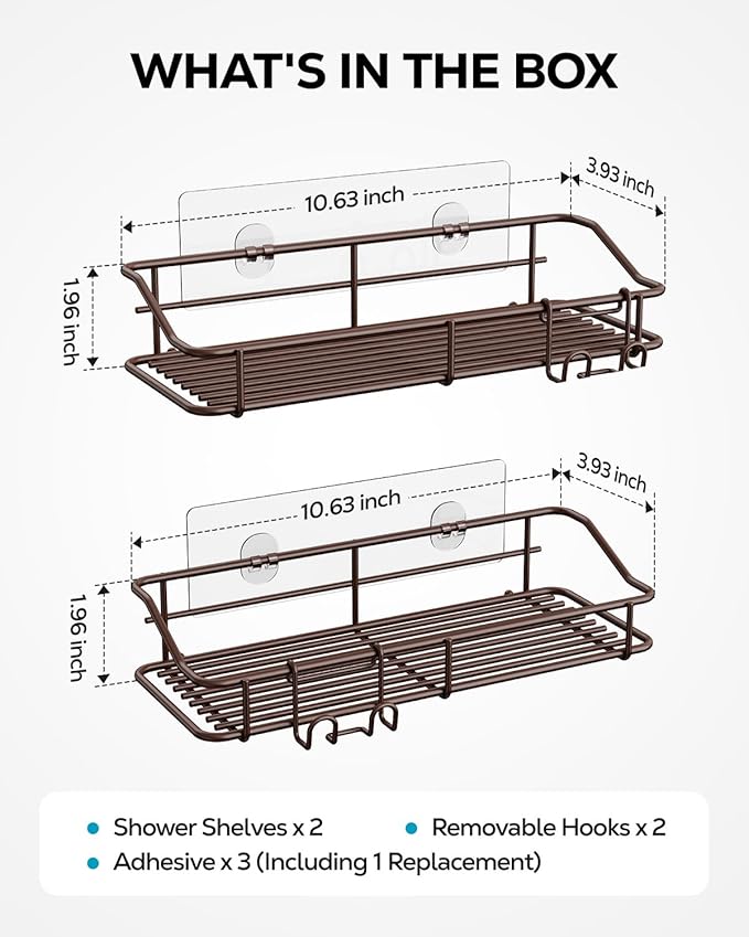 Nieifi Shower Caddy Shelf Storage Rack Adhesive Without Drilling Stainless Steel with Hooks for Washroom, Lavatory, Restroom, Toilet, Bathroom, Kitchen - 2 Pack Bronze
