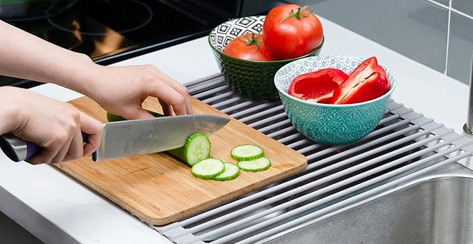 Surpahs 20.5 x 15.5 Inch Roll-Up Dish Drying Rack, Fits Across Sink Openings up to 19.5 Inches, Heavy-Duty Premium Silicone, Strong Support, Non-Slip, Heat-Resistant, Warm Gray