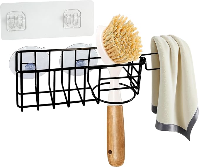 Sponge Holder with Dish Cloth Hanger for Kitchen Sink, In-sink Caddy Organizer with Suction Cups & Adhesive Strips, Rustproof Sponge Rack for Soap, Brush, Scrubber - Black