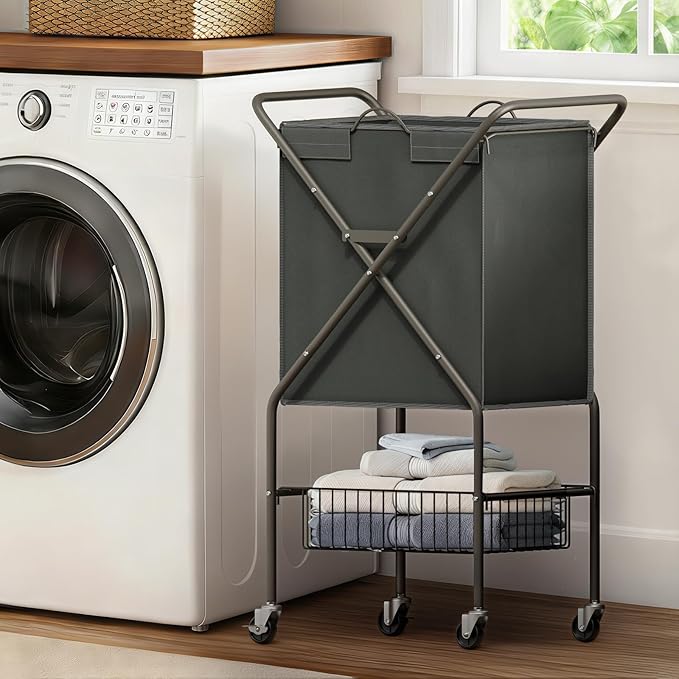 Laundry Basket with Wheels:88L Rolling Laundry Cart Foldable Metal Frame Dirty Clothes Laundry Hamper 36"H 4 Caster 2 Brake Waterproof Removable Liner Carry Handle for Dorm Laundry Room,Gray
