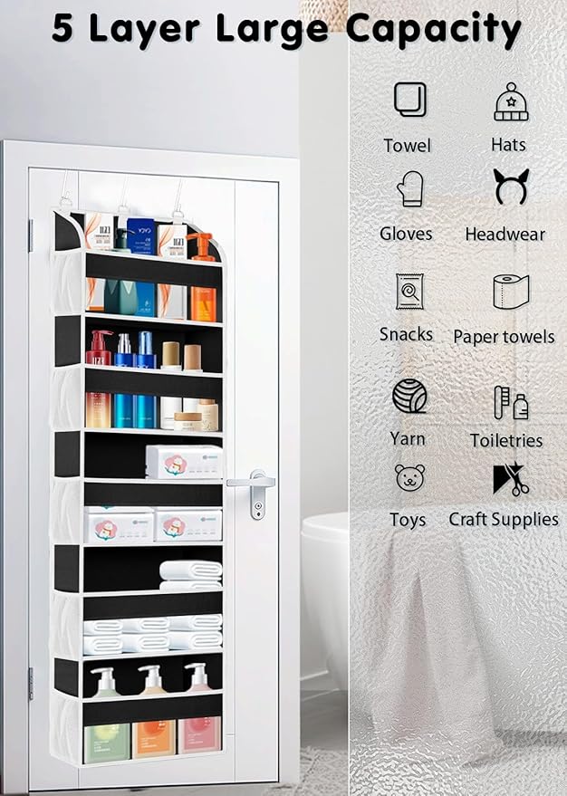 2 Pack Over The Door Storage Organizer with 5 Pockets 10 Mesh Side Pockets, 44 lbs Weight Capacity Door Hanging Organizers and Storage for Bedroom,Bathroom,Nursery,Pantry,Dorm(Black)