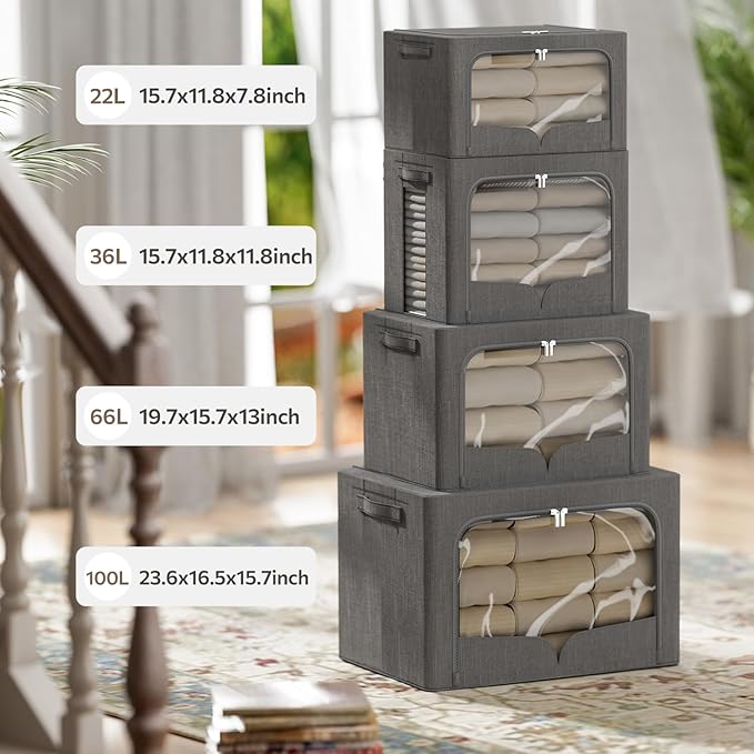 FHSQX 3 Pack Clothes Storage Bins Foldable Metal Frame Storage Box Stackable Linen Fabric Organizer Set with Carrying Handles and Clear Window (Dark Gray, 15.7x11.8x11.8inch(36L))