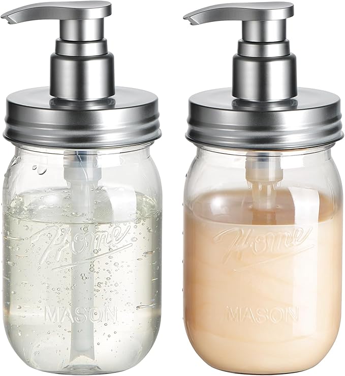 Amolliar Plastic Mason Jar Soap Dispenser with Pump Lid,16OZ Refillable BPA-Free Hand Soap Dispenser Set with Cute Lables, Farmhouse Decor for Kitchen Bathroom, Liquid Soap, Dish Soap (2 Pack, Silver)
