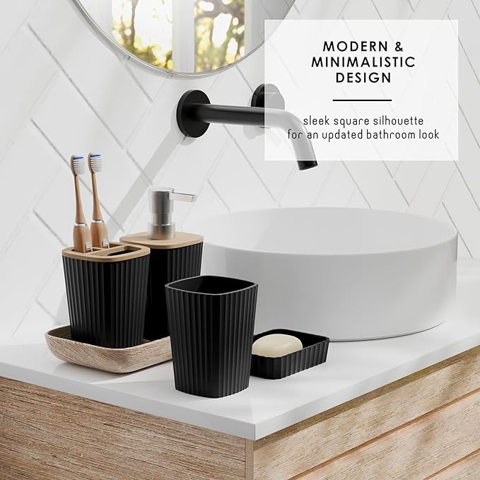 Clara Clark Bathroom Accessories Set - Bathroom Set, Bathroom Sets with Shower Curtain and Rugs, Shower Curtain Set with Bathroom Trash Can - Black - 22PC