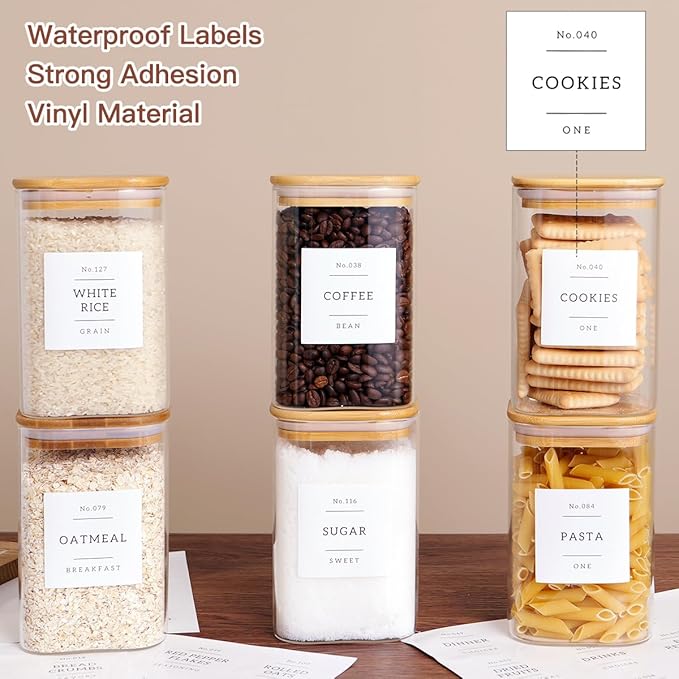 6 Pack Square Kitchen Storage Jars with Airtight Bamboo Lids and 132 Pantry Labels - 35oz Glass Canisters With Wood Lids - Food Storage Containers for Coffee, Cookie, Tea, Spice