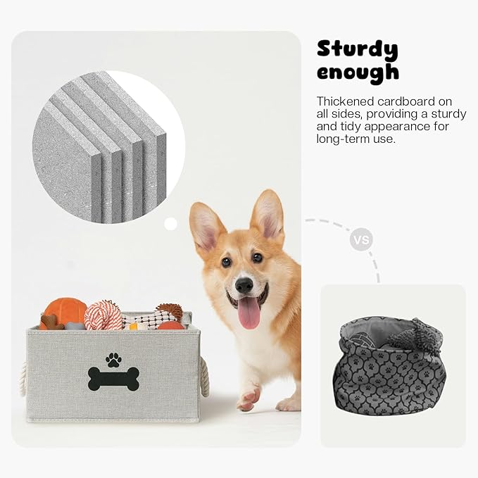 Dog Toy Basket with Lid, Dog Basket for Toys, Dogs Toy Box with Cotton Rope Handles, Collapsible Storage Bins for Pet Toys, Dogs Storage Organizer, Gray