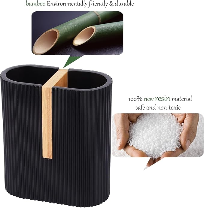 rejomiik Matte Black Toothbrush Holders Electric Toothbrush Holder for Bathrooms, Bamboo Tooth Brushing and Toothpaste Storage Organizer for Sink, Countertop