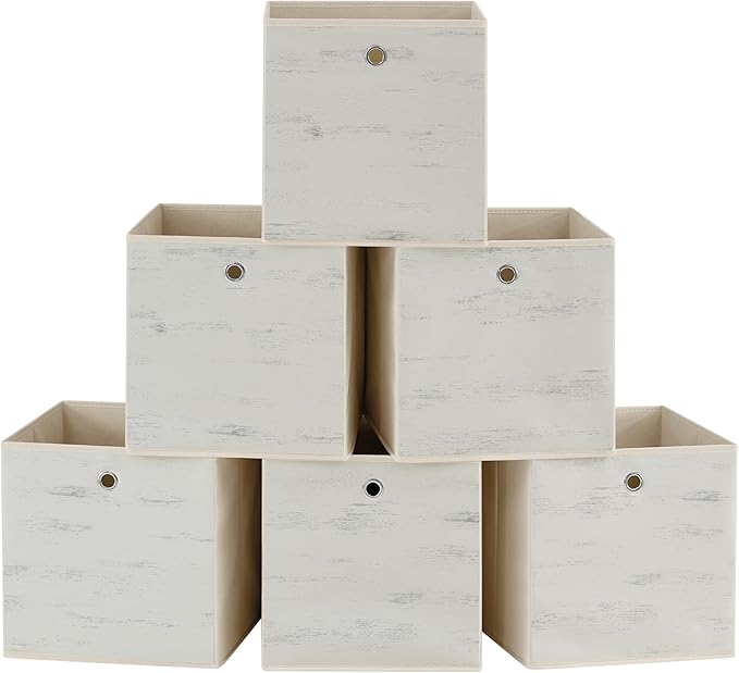 SONGMICS Storage Cubes, Set of 6 Storage Bins with Handles, Foldable Oxford Fabric and Non-Woven Fabric Storage Boxes, 13 x 13 x 13 Inches, Fit Cube Storage Unit, Vintage White URFB133W01