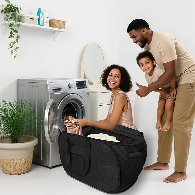 Upgraded 100L Extra Large Mesh Pop Up Laundry Hamper with Lid and Handles. XL Closet Storage Bins, Dirty Clothes Basket for Dorm Home, Foldable Laundry Basket. Black. H