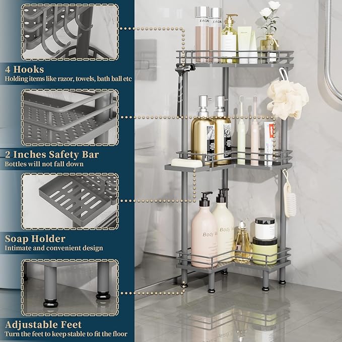 Consumest Corner Shower Caddy Standing - 3-Tier Stainless Steel Shower Organizer with Soap Holder and 4 Hooks, Large Capacity Corner Shelf Stand for Bathroom, Rest Room, Grey