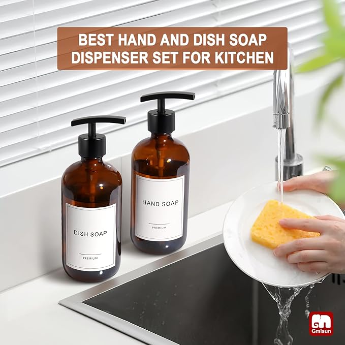 GMISUN Amber Glass Soap Dispenser, 2 Pack Bathroom Hand Soap Dispensers with Stainless Steel Pump, 17 Fl Oz Kitchen Hand and Dish Soap Dispenser Set, Modern Vintage Liquid Brown Soap Dispensers Bottle