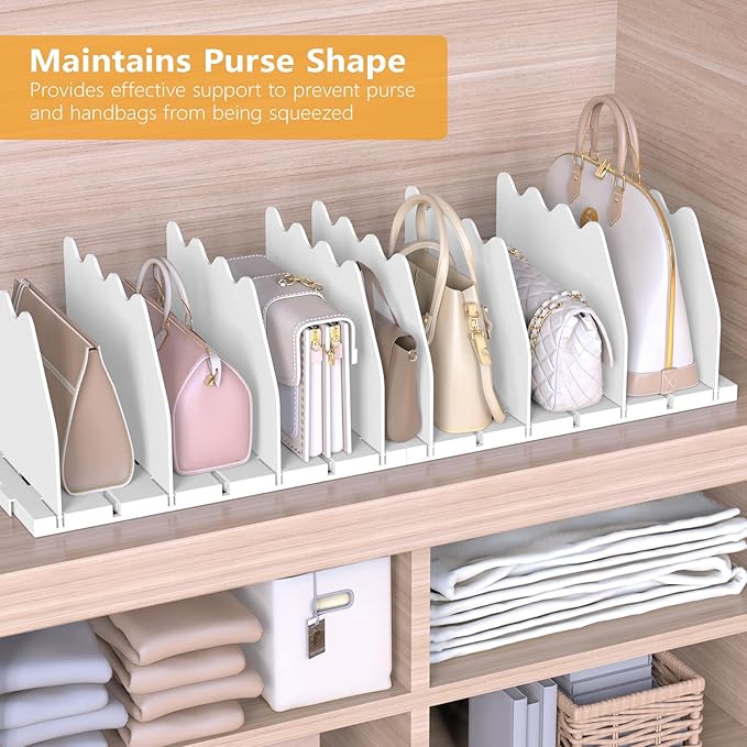 Ronlap Purse Storage Organizer for Closet, White Closet Bag Storage Dividers Rack Shelf Purse Dividers for Closet Organization Handbag Separators Closet Purse Organizers and Storage, 2 Pack, White