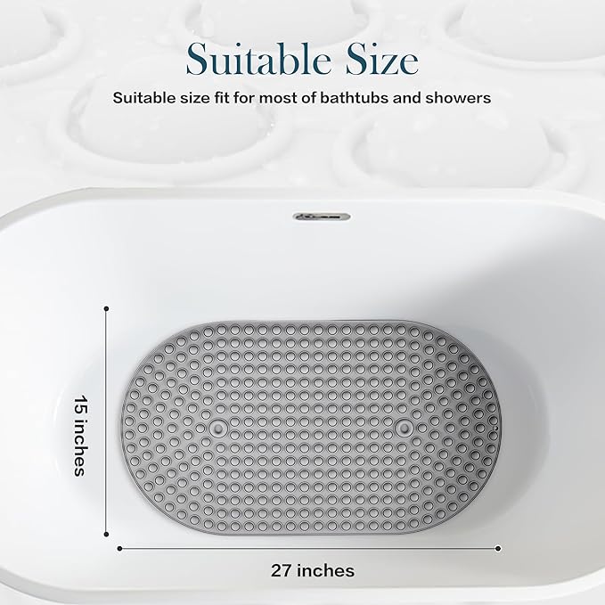 Joiyota Silicone Bath Mat for Tub Non Slip, Bubble Massage Anti Slip Shower Mat with 27 x 15 Inches for Easy Storage, Washable Bathtub Floor Mats for All Ages, Grey, Oval