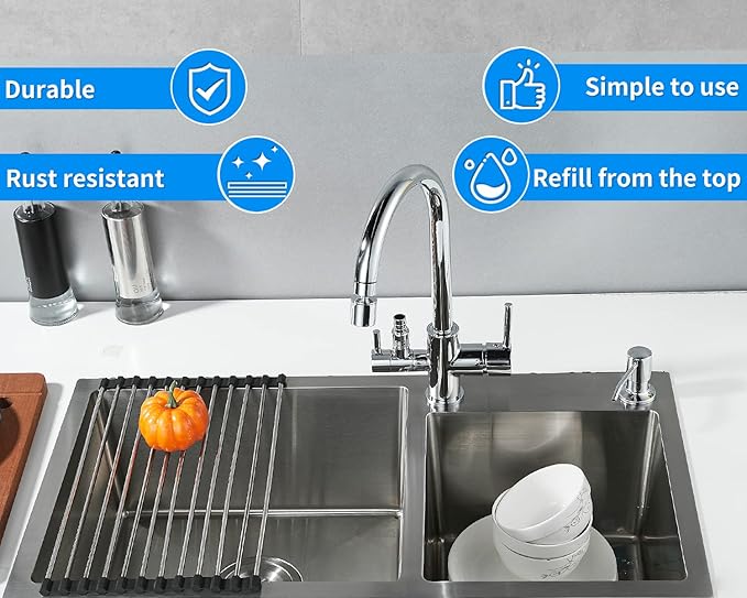 Built in Soap Dispenser for Kitchen Sink, Chrome Stainless Steel Countertop Pump Head (Plastic Inside), Dish Soap Hand Lotion Dispenser with Refillable 17OZ Bottle