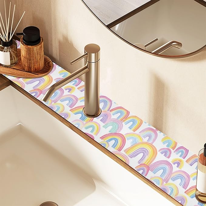 Kitchen Sink Splash Guard 1 PC 14.7 Inch Sink Faucet Mat Splash Guard for Bathroom Countertop Water Absorbent Foldable Cuttable Soft Washable Gradient Cute Rainbows