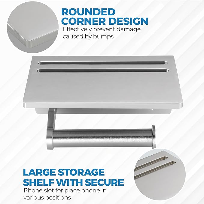 Toilet Paper Holder with Shelf and 2 Towel Hooks - Self Adhesive Toilet Paper Storage - Tissue Roll Holder with Phone Shelf - Wall Mount Toilet Roll Bathroom Organizer - Brushed Nickel
