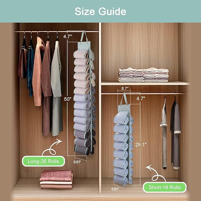 Legging Organizer Storage - 2PCS T Shirt Organizer, Hanging Closet Organizers and Storage with 26 Roll Independent Compartments for Yoga Pants, Towel, Bathing Suit (Grey)