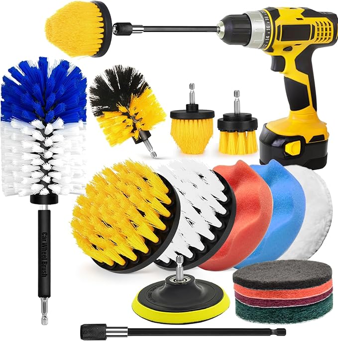 15Pcs Drill Brush Attachment Set, Drill Scrubber Brush Kit Include Soft Drill Wheel Brush, Scrub Pads, Sponge, Drill Cleaning Brush Attachment Set for Car, Bathroom, Tub, Tile, Floor, Grout, Boat